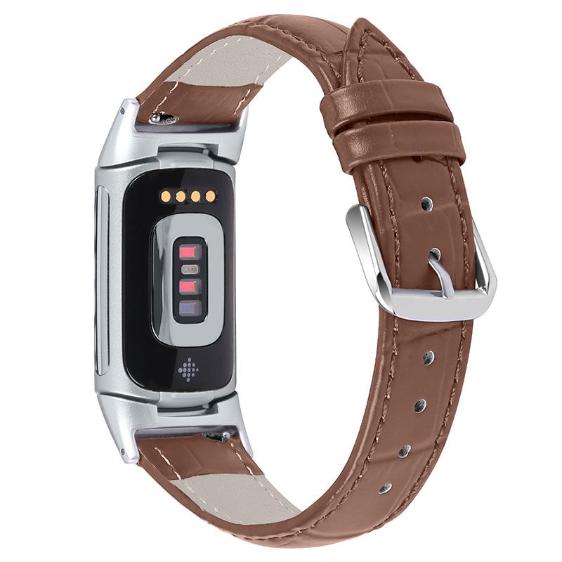 Genuine Leather Crocodile Texture Smart Watch Strap Adjustable Watchband for Fitbit Charge 6/5