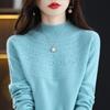 Women's Slimming 100% Wool Half-High Neck Sweater, Seamless Cashmere Knit Base Layer, Autumn Winter Loose Top with Hollow-Out Design