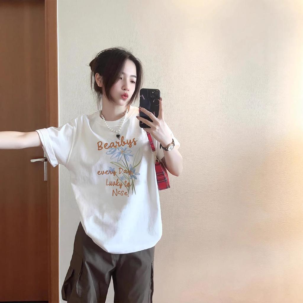 Pure Cotton White Short-sleeved T-shirt Women's New Popular Summer Loose Large Size Fat Mm Catties Half-sleeved Tops and Clothes