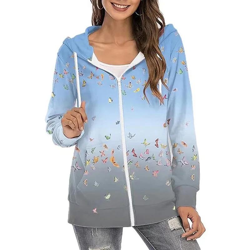 Women Fashion Loose Casual Thin Zip Up Hoodie Jacket Drawstring Printed Long Sleeve Sweatshirts Autumn Winter Female Blouse