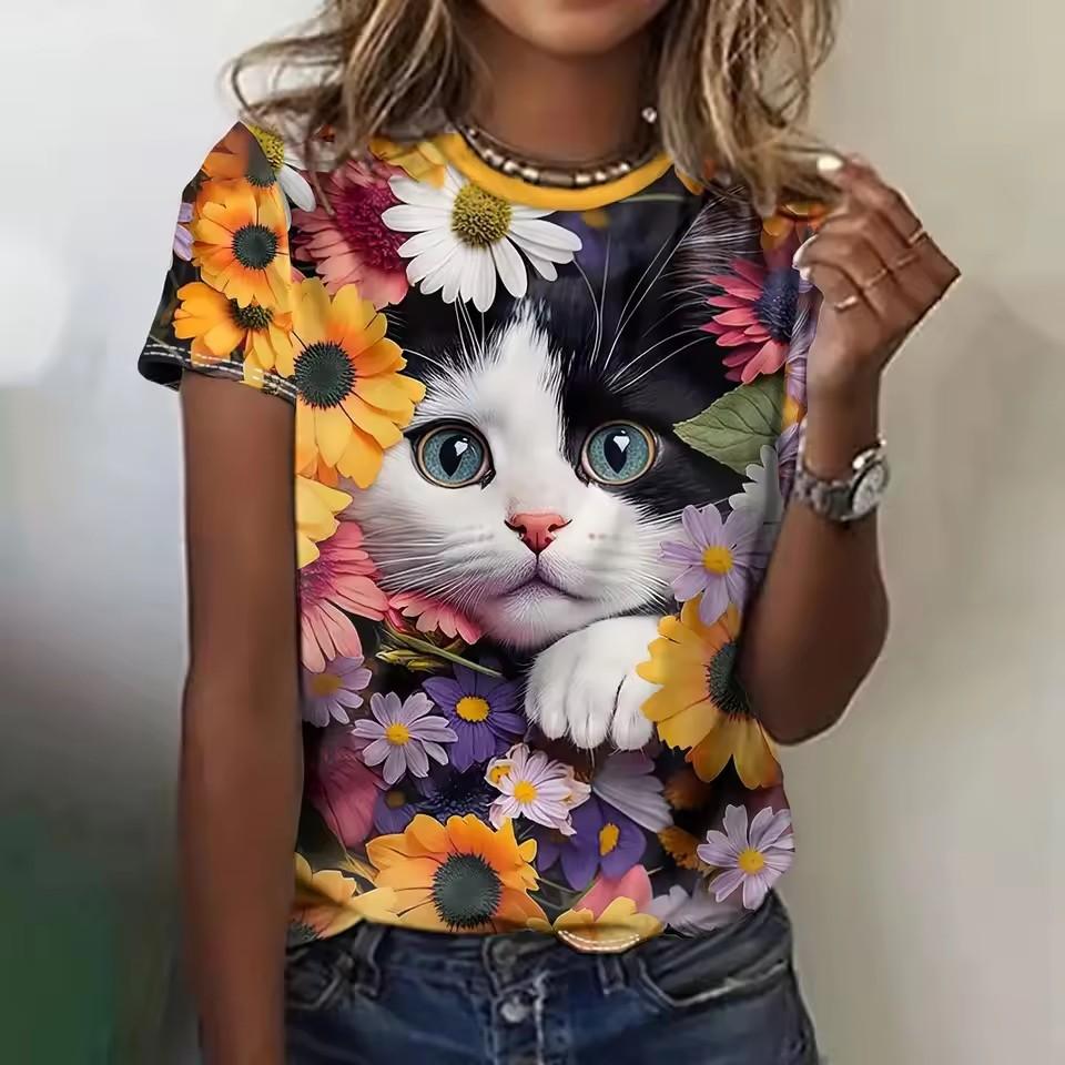 Summer Women's T-Shirts Cartoon Cat Print T-Shirt Harajuku Vintage Short Sleeved Tees O Neck Art Top Oversized Female Clothing