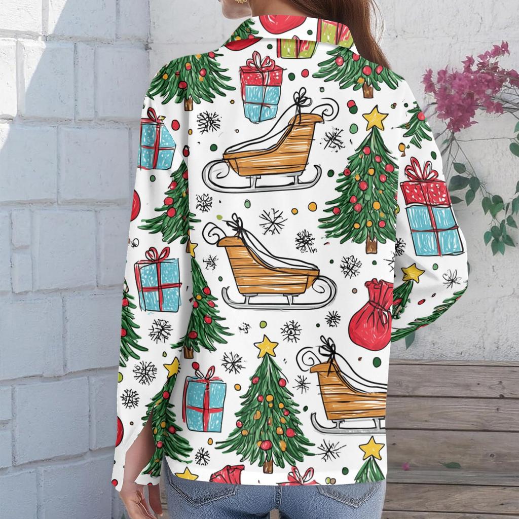 Women's Casual Christmas Print Long Sleeve Cardigan Top for Holiday Festive Wear
