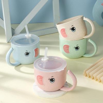 Baby Feeding Bottle Kids Cup Silicone Sippy Children Leakproof Drinking Cups Cartoon Infant Straw Handle Wheat-Straw Drinkware