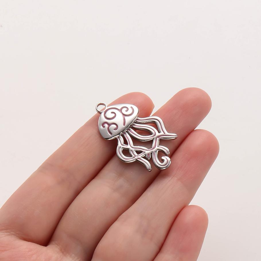 2pcs Marine Animals Pink/Hot Pink Enamel Charm Shell Jellyfish Starfish Conch Stainless Steel Pendant Charms For Jewelry Making