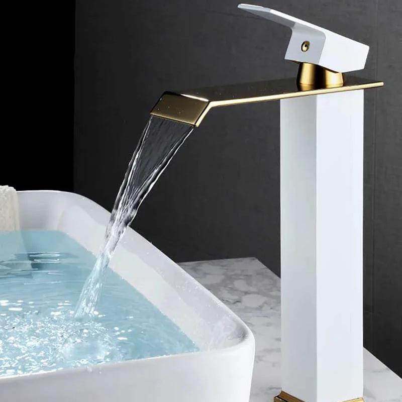 Basin Faucet Gold Black/White Waterfall Faucet Brass Bathroom Faucet Bathroom Basin Faucet Mixer Tap Hot and Cold Sink Faucet