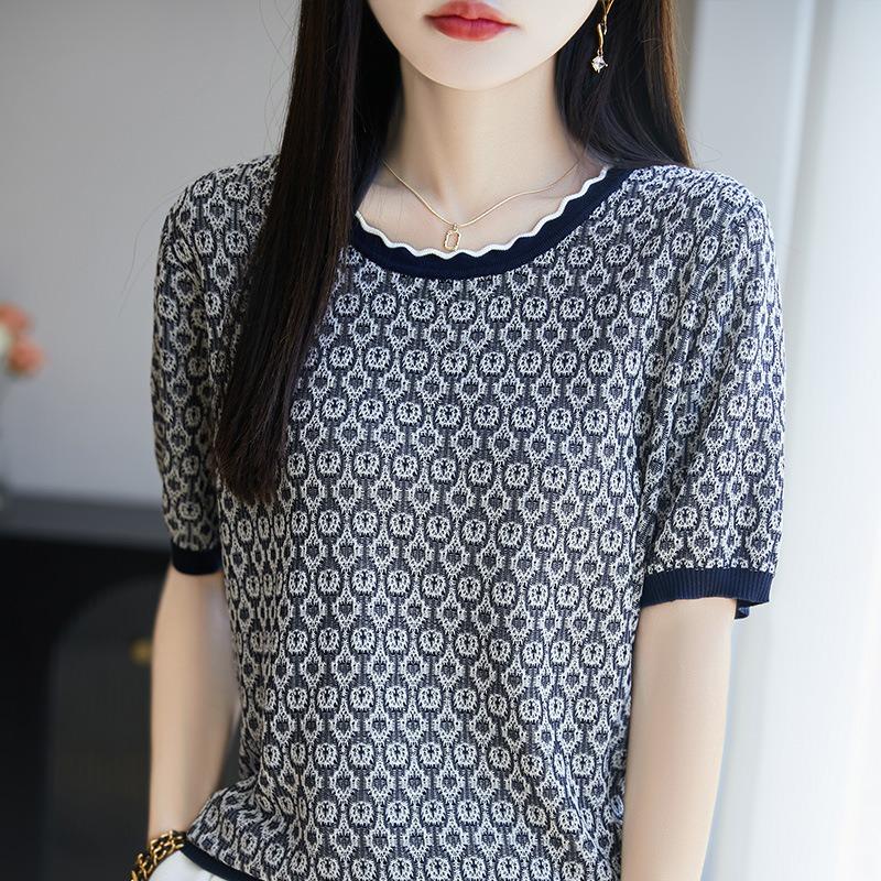 

Summer New Round Neck Tencel Short-sleeved Women s Loose Jacquard Ice Silk Sweater S синий