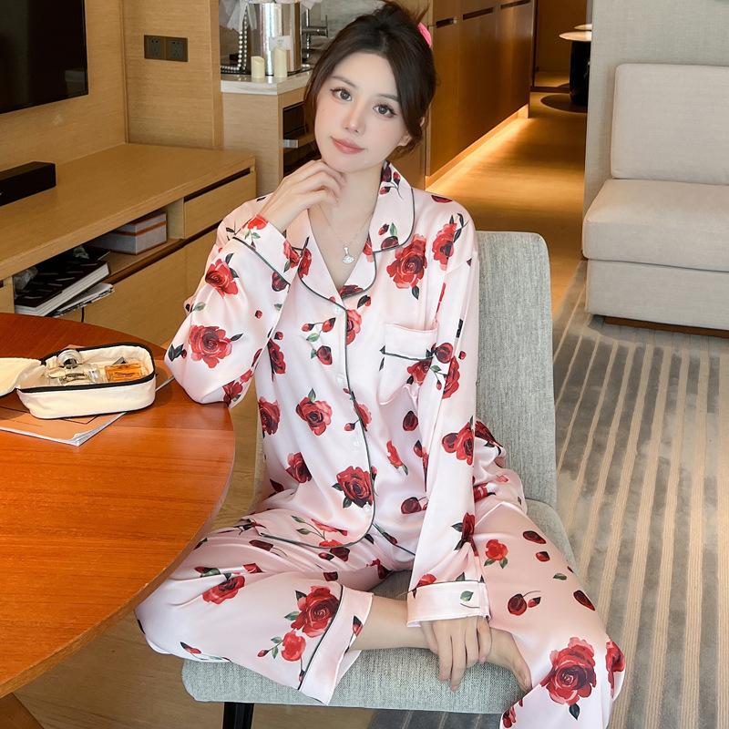 Autumn Ice Silk Pajamas Women'S Suit Light Luxury High-End Long-Sleeved Trousers Loungewear Can Be Worn Outside