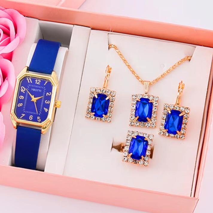 Square Women'S Gem Set Watch Women'S Popular 5Pcs Quartz Watch Set Gift Box
