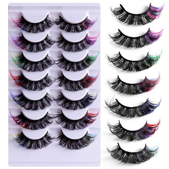 7 Pairs of Colored Hair-fried False Eyelashes with Multi-layer Thick Cross Mink Fur Lashes Mink Individual Lashes Extension Eyelashes Extension Kit