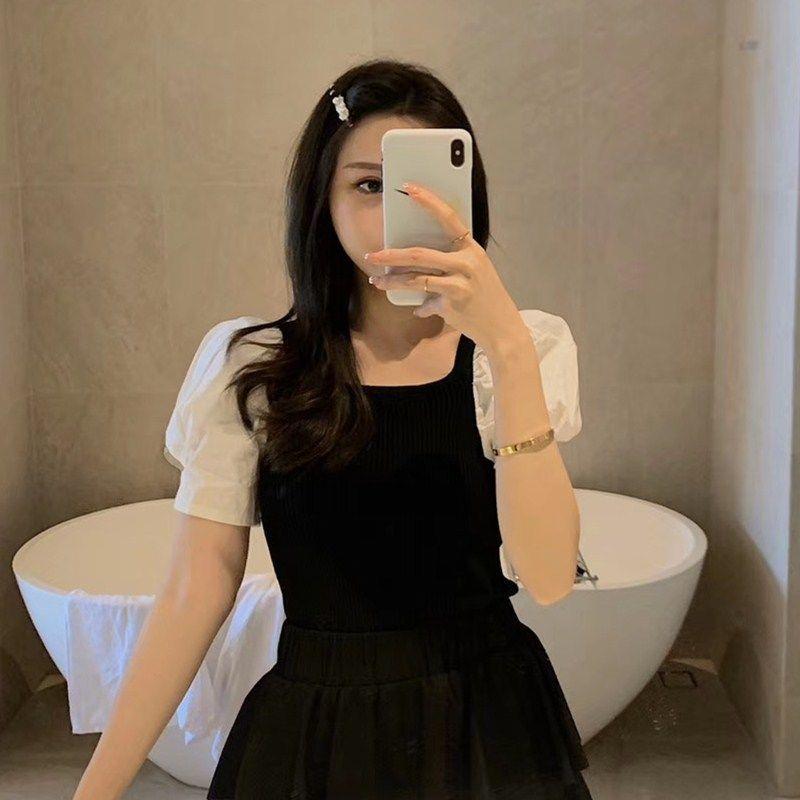 

WTEMPO Брендовая летняя женская трикотажная рубашка с короткими рукавами и объемными рукавами, тонкие стильные тонкие и универсальные футболки с короткими рукавами One size чёрный