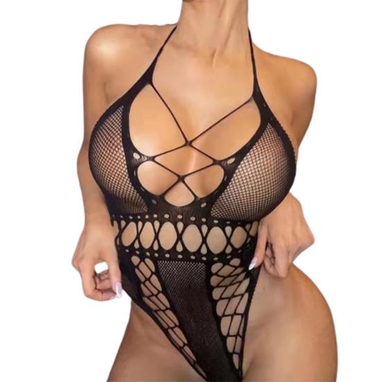 Women Deep V Neck Backless Good Elasticity Bodysuit Sleepwear See through Fishnet Halter Underwear Sleepwear Inside Wear Clothing