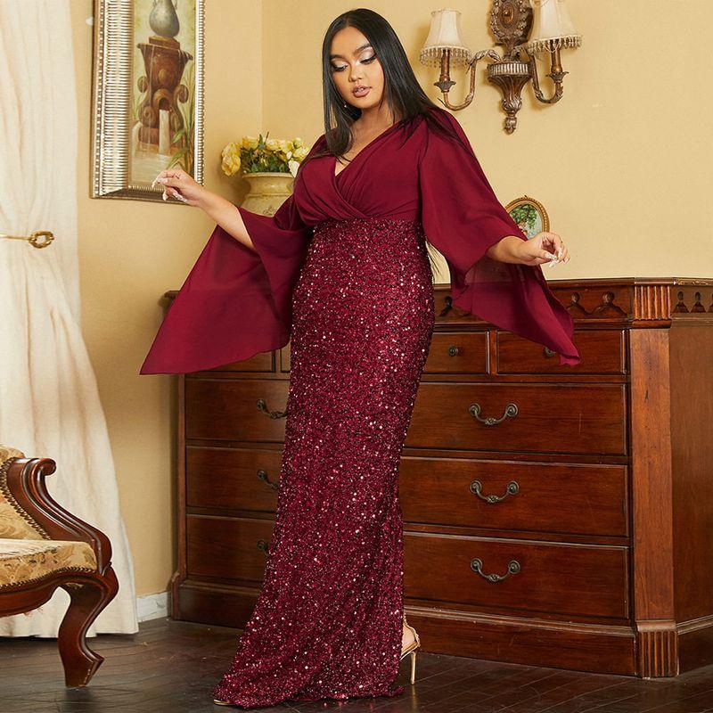 Plus-Size Elegant and Sexy Long Sequined V-Neck Long-Sleeve Evening Gown for Birthday Parties and Bridesmaids