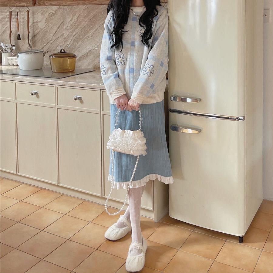 Falda Midi japonesa de pana Vintage para mujer, diseño de telas combinadas con volantes, faldas con abertura, suaves, para Otoño e Invierno