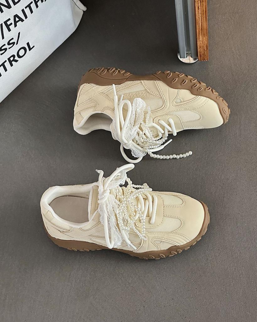 2025 Autumn Lace Pearl Model Inner Height Increase Soft Sole White Shoes Sports Breathable Casual Women's Shoes Non-slip and Wear-resistant