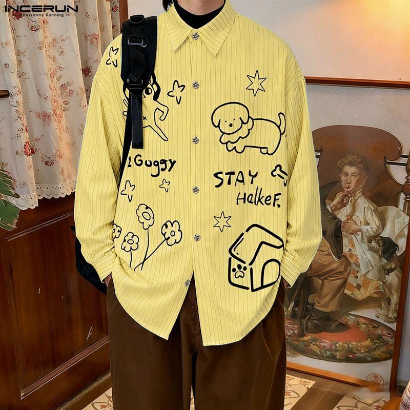 INCERUN S-5XL Men Lapel Neck Long Sleeve Cute Print Casual Loose Oversized Tops Shirts