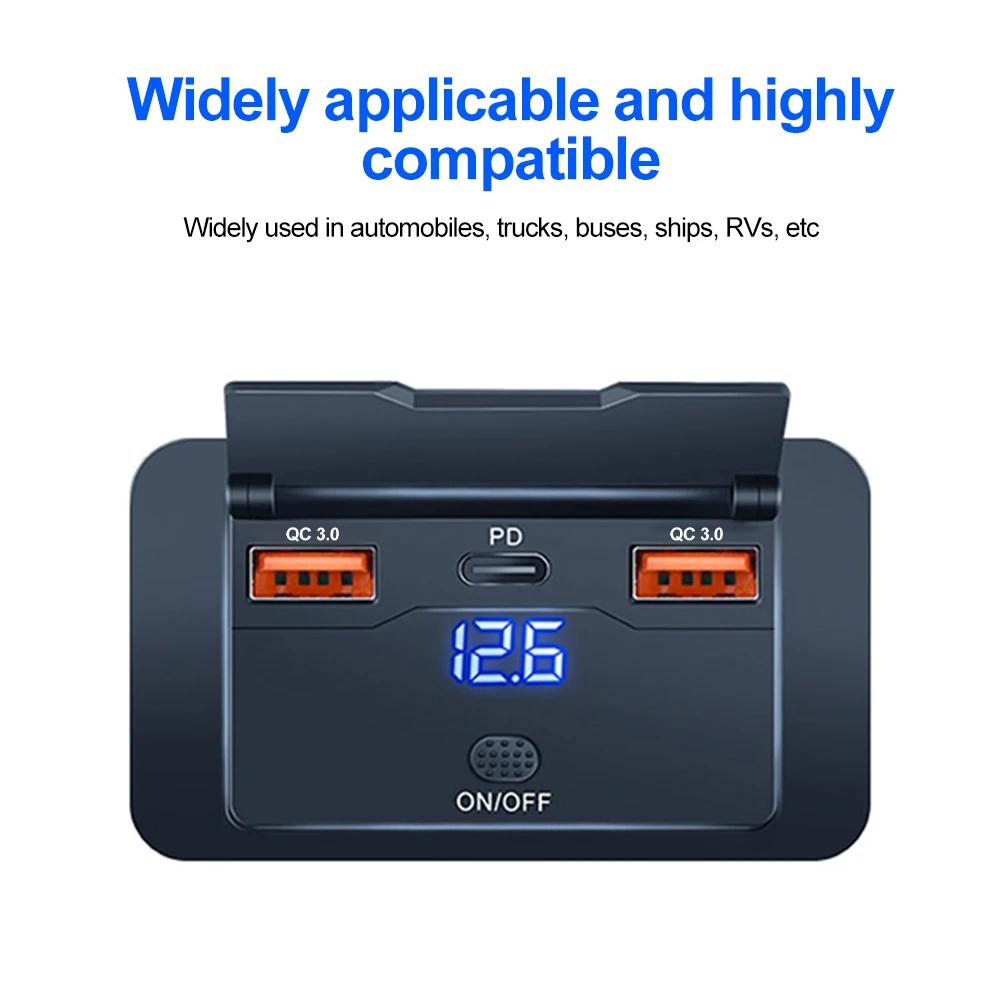 Dual PD Dual QC 3.0 USB Car Charger 12V RV USB Outlet Panel 108W Fast Charge Socket with Switch & Voltmeter for Boat Motorcycle