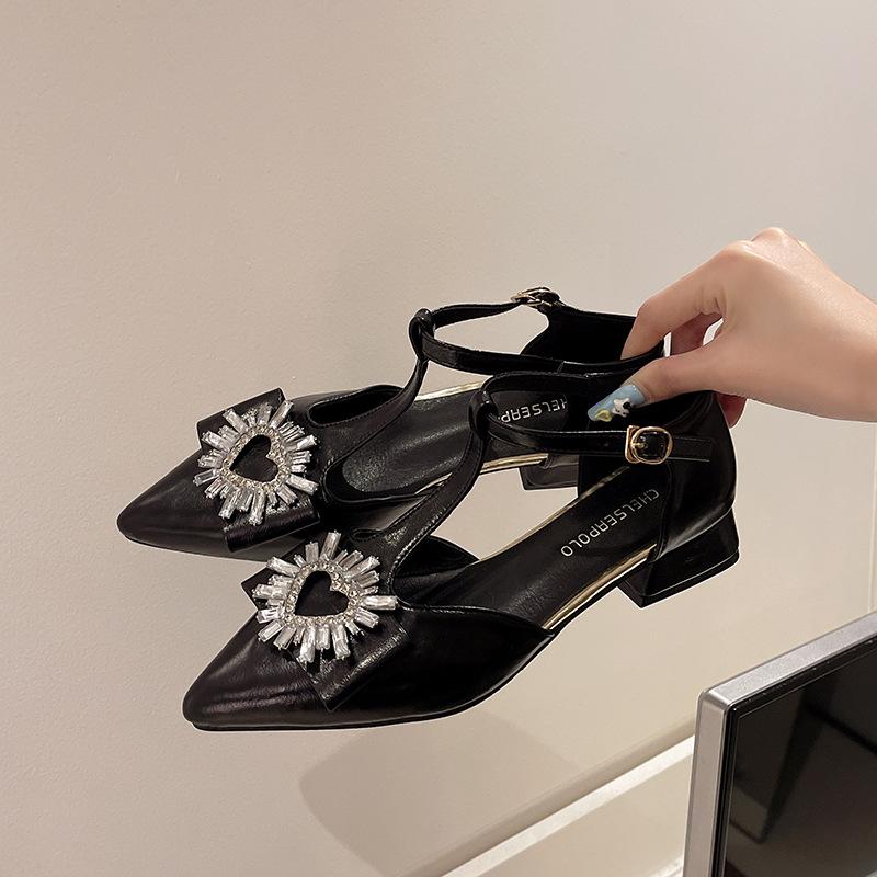

Rhinestone square buckle high heels women s spring new T-shaped Mary Jane shoes temperament pointed thick heel high-end single shoes 35 чёрный