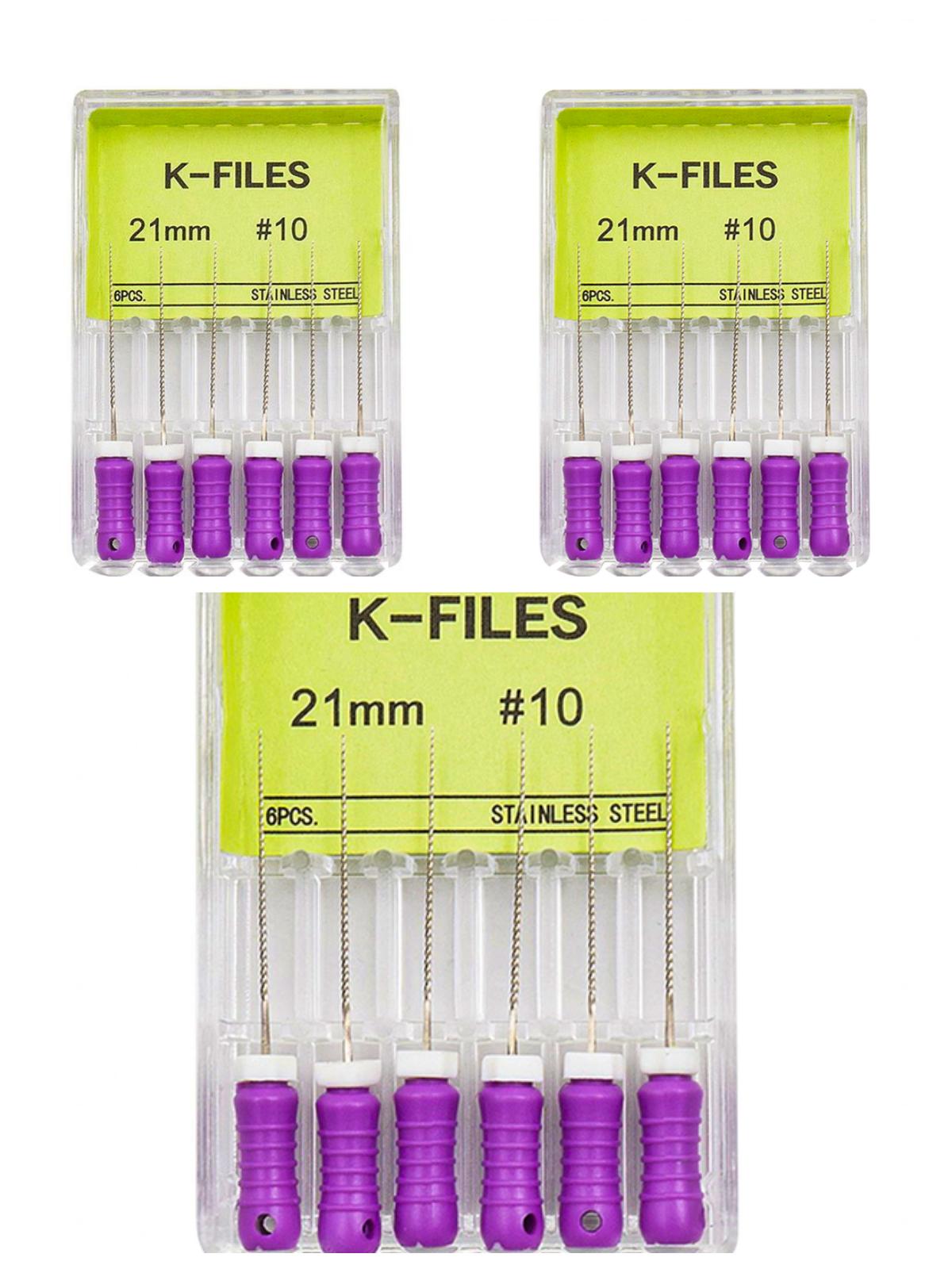 

3 коробки, 6 шт/коробка Стоматологічні К-файли 21мм/25мм Файли для ручного використання Нержавіюча сталь Файли для кореневих каналів Стоматологія Ендодонтичні інструменти 21mm 10 фіолетовий