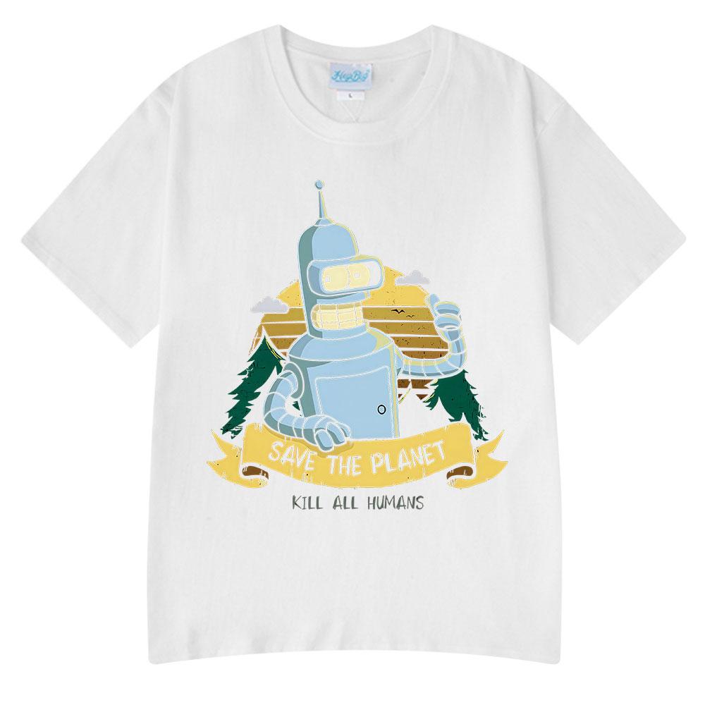 Save The Planet Kill All HuUnisexs Funny Robot Vintage T Shirts Unisex Women Clothing Short Sleeve Tshirts Oversized Cotton Tee Shirt