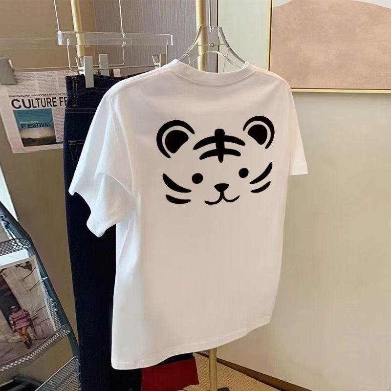 Women Tiger Print T-Shirt Casual Short Sleeve Tee L белый