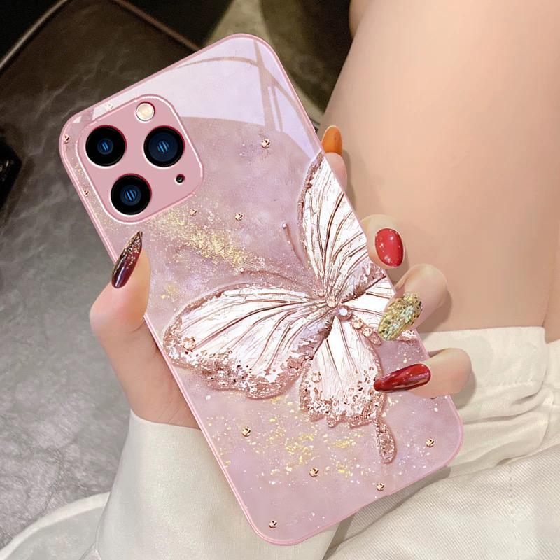 Fluture Curcubeu Verde Pentru IPhone 16 Pro Max 15 Pro 14 13 12 Mini 11 XS Max XR 7 8 Plus SE 2022 Carcasă Telefon din Sticlă Călită