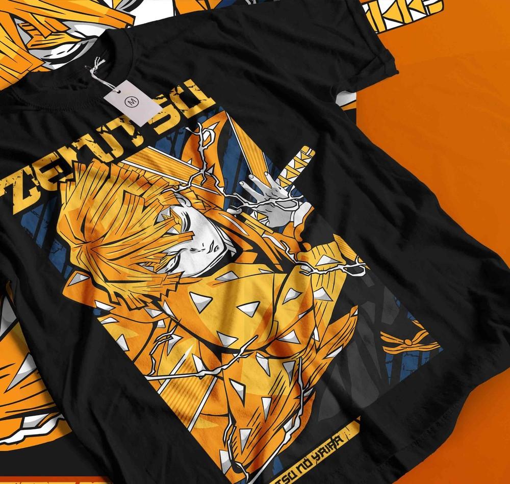 

Agatsuma Zenitsu Shirt Demon Slayer Kimetsu No Yaiba Anime Black Shirt 593 M