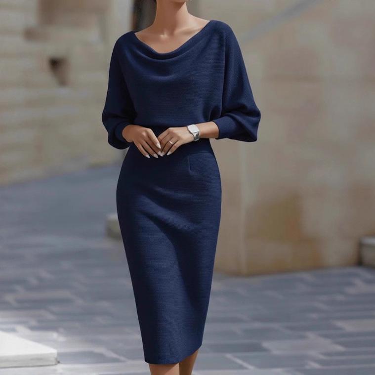 Pleated Batwing Sleeve Midi Dress - 2025 Fashion Collection M темно-синий