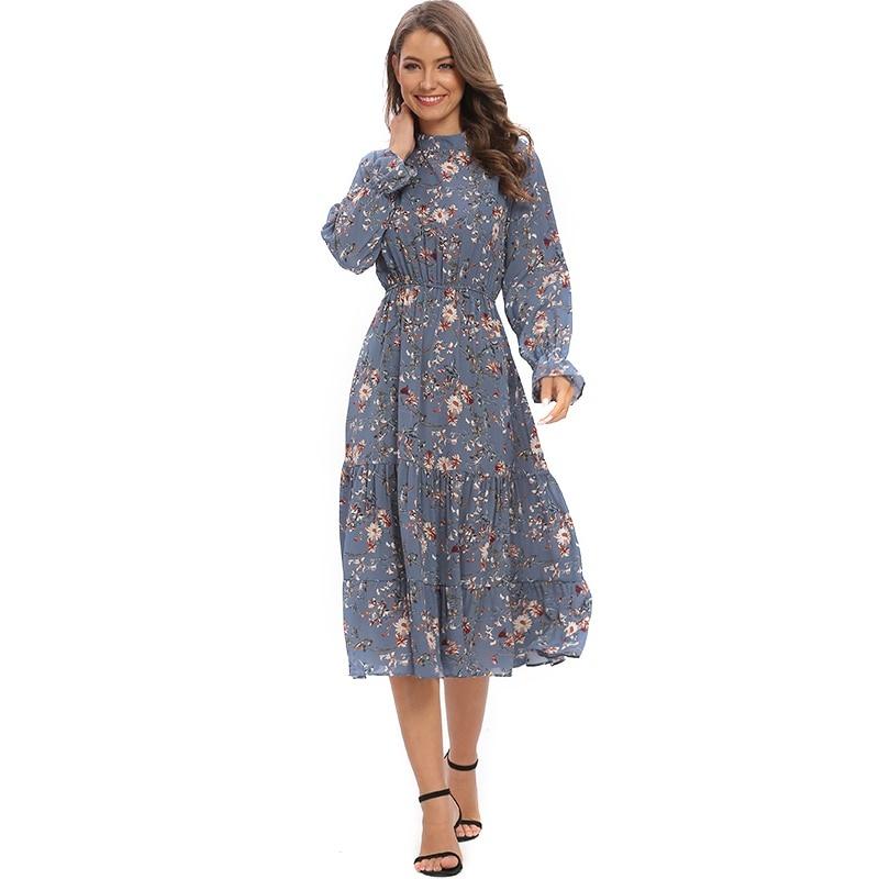 Kvinners vår-høstkjole blomster chiffon blå kjole rund hals langermet lotusblad elastisk kjole