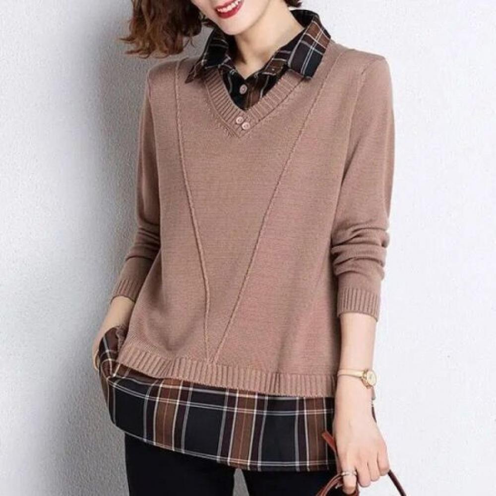 Navava Men VInTage Two In One Check Collar Long Sleeve KniT T shirT Nk3200