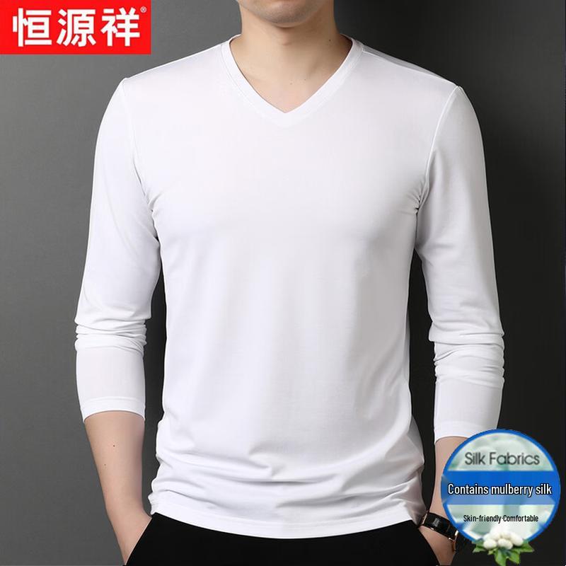 Hangyuanxiang Men's Cotton Silk Blend V-Neck Long Sleeve T-Shirt