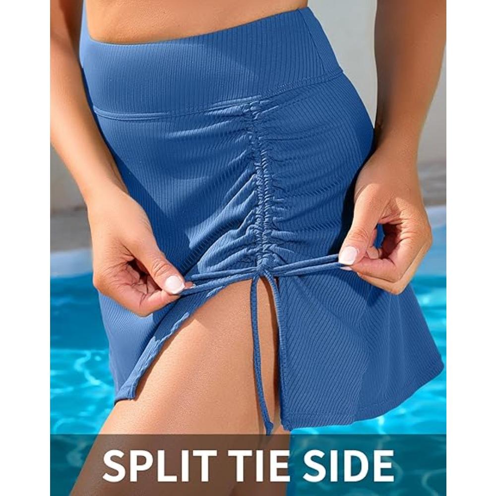 CHARMLEAKS Damskie dwuczęściowe komplety bikini z wysokim stanem i spódniczką kontrolujące brzuch, prążkowane, sportowe bikini, strój kąpielowy 2025