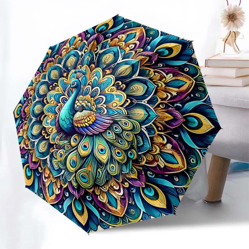 Colorful Peacock Mandala Automatic Opening Folding Umbrella with 8-Bone Iron Frame - Perfect for Festivals, Travel, Daily Use, and Gifts!112