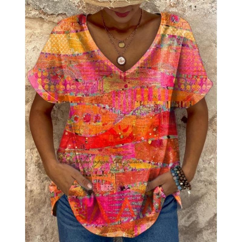 Colorful Floral Pattern Women's T-shirt Summer Outdoor Casual V-neck Short-sleeved Top OverSize Women's Clothing