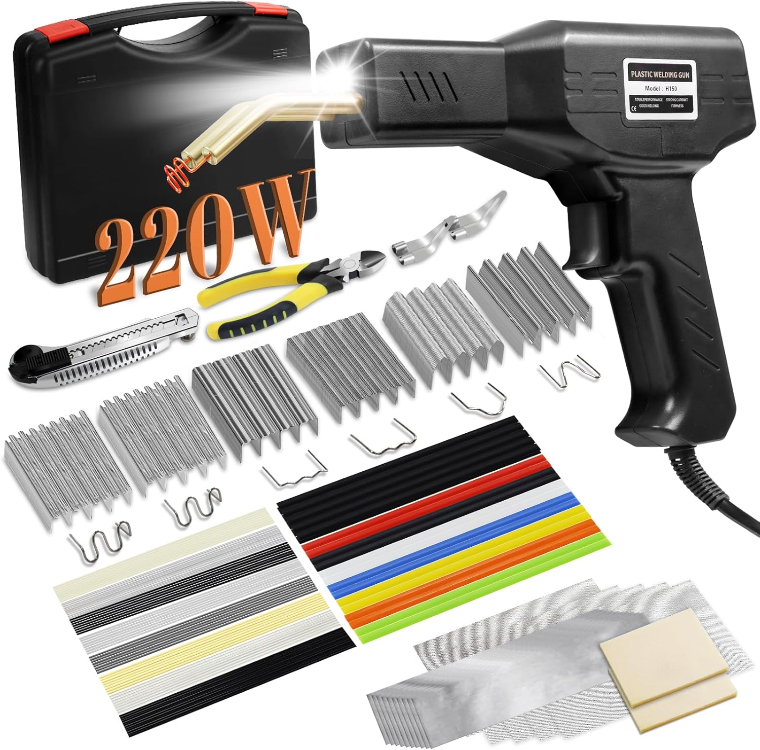 

220W Plastic Welder, 2-in-1 Repair Kit with 1000 Hot Staples & 92 Rods for Car Bumper Cracks (Red)