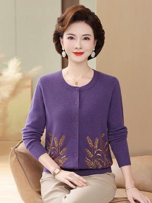 100% Pure Wool Knitted Cardigan for Middle-Aged and Elderly Women - Autumn/Winter Loose Fit