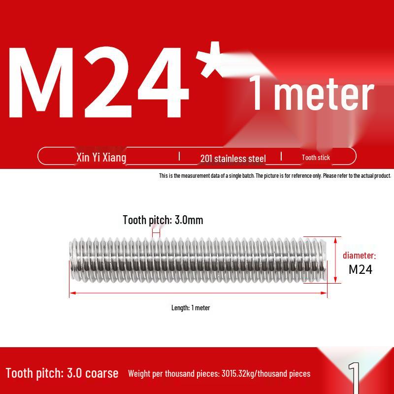 304 Stainless Steel Full Threaded Rod, 1 Meter, available in sizes M3, M6, M8, M10, M12.
