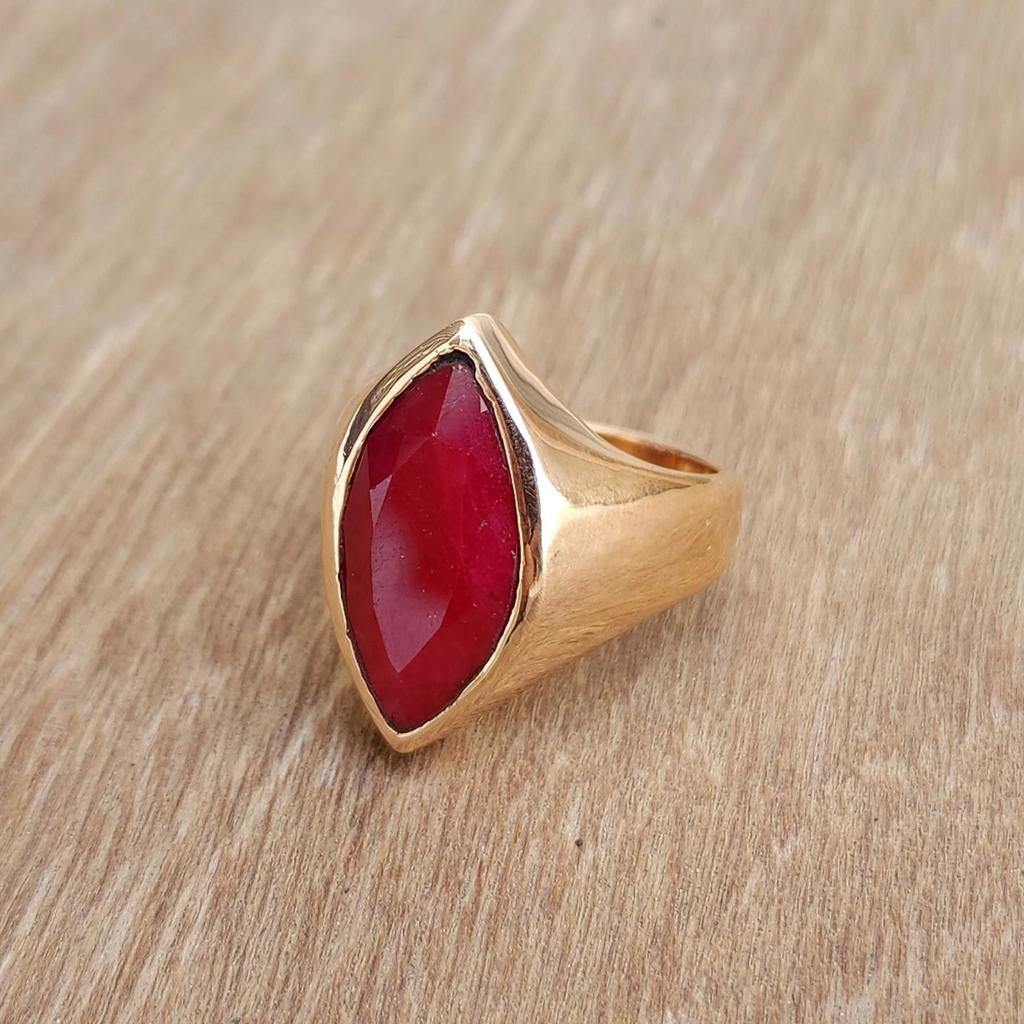 Marquise Raw Red Ruby Sterling Silver Rose Gold Overlay Ring Jewelry, Handmade Unisex Signet Ring Jewelry