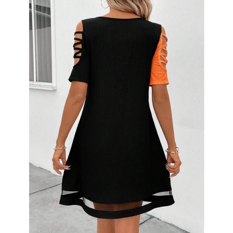 YYFS Women's Fashion Summer Spring Colour Block Print Short Sleeve U-Neck Loose Waistline Casual Dresses