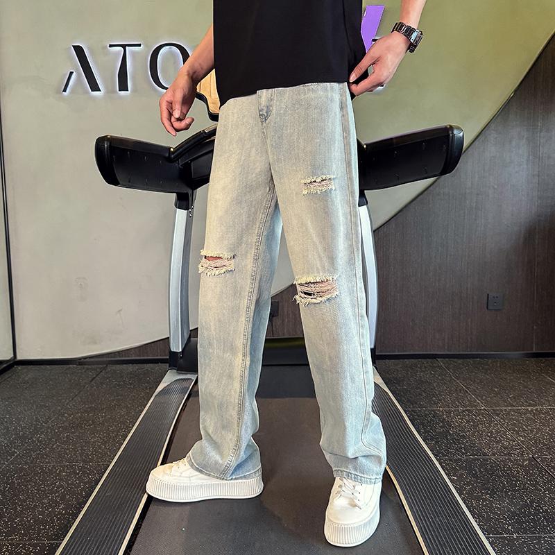 Washed Retro Ripped Jeans Men's Summer Thin Beggar Pants Straight Pants Spring and Autumn Casual Pants Commuter Long Pants