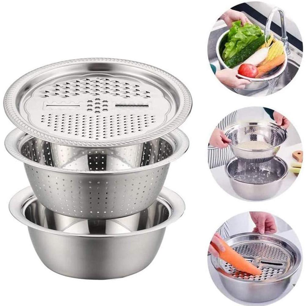 3pcs Multifunctional Stainless Steel Basin Set Fruit Vegetable Bracket Drain Basin Grater Basin Kitchen Tools