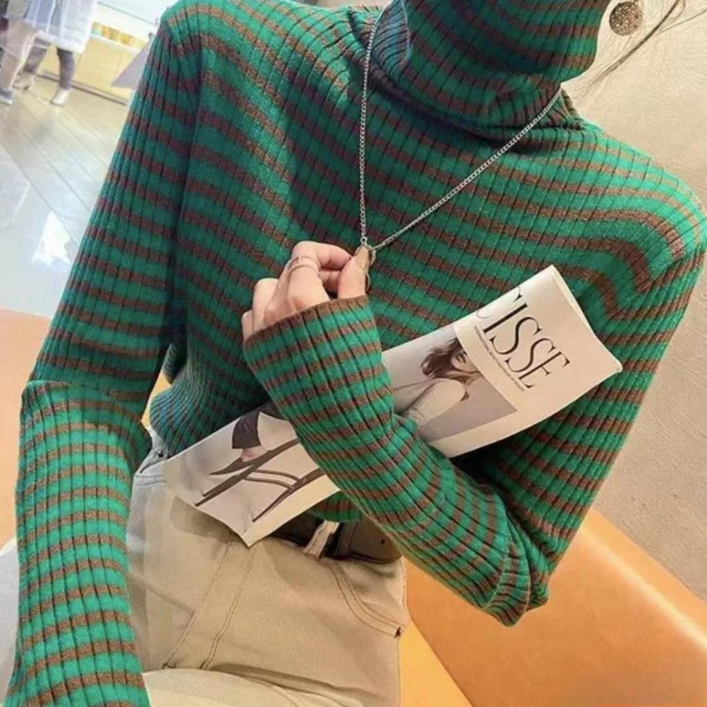 Women's Autumn Winter High-Neck Base Layer - Versatile Long Sleeve Striped Slim-Fit Knit T-Shirt for Inner Wear