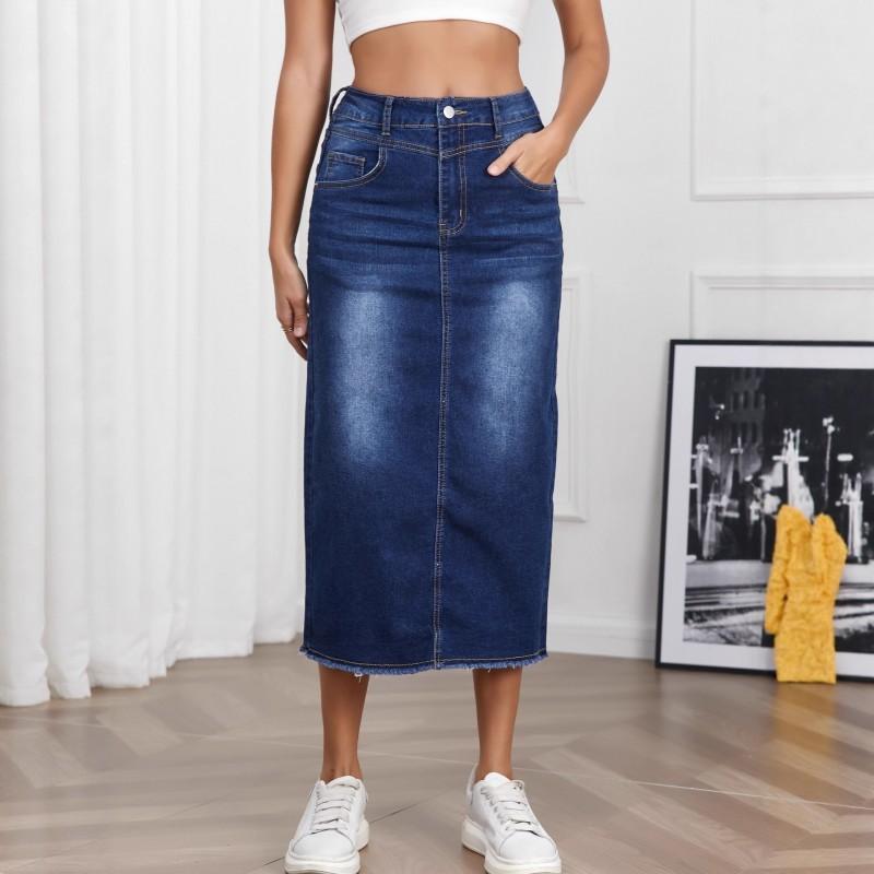 Blue Fringed Skirt To Show Slimming Women s Mid-long Denim SKIRTS 2XL синий
