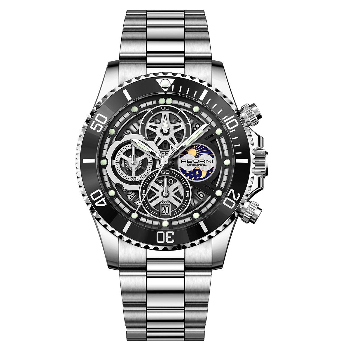 

Новые модные зеленые механические часы Submariner в стиле Hollow Watch с календарем, светящиеся водонепроницаемые многофункциональные кварцевые мужские часы чёрный