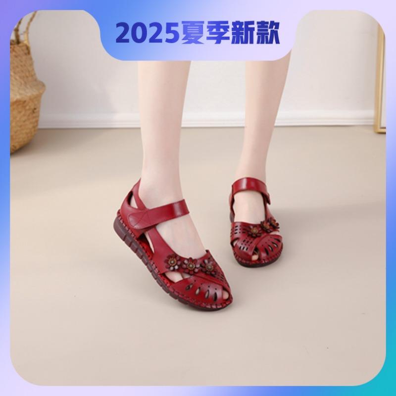 Sandals Women's Genuine Leather Beef Tendon Sole Spring and Summer Fish Mouth Flower Hollow Velcro Non-slip Soft Sole Comfortable