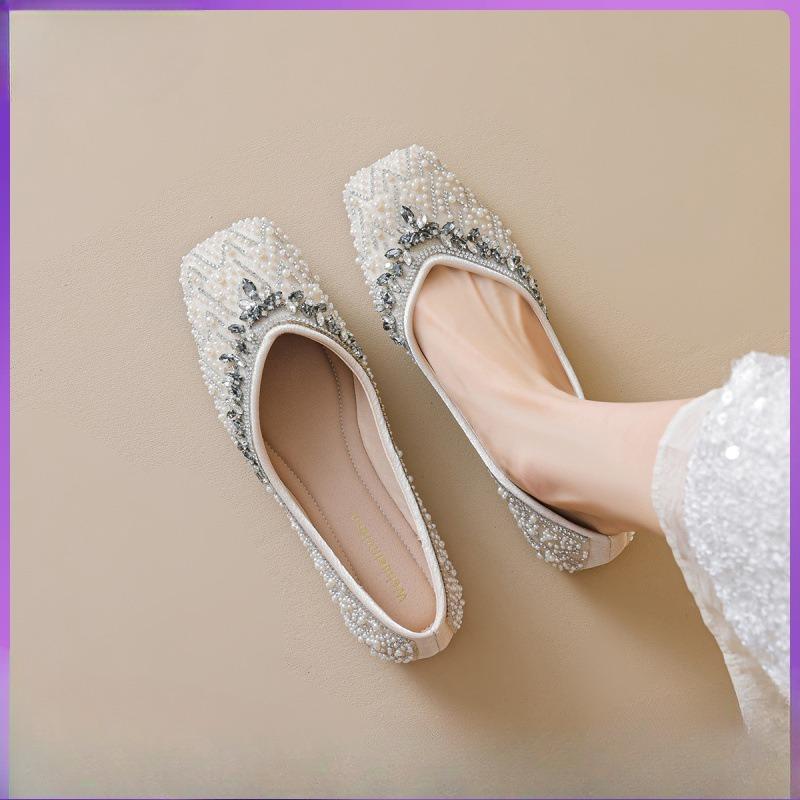 Square-toed Single Shoes for Women Shallow Rhinestone Shoes Flat Shoes with Soft Soles