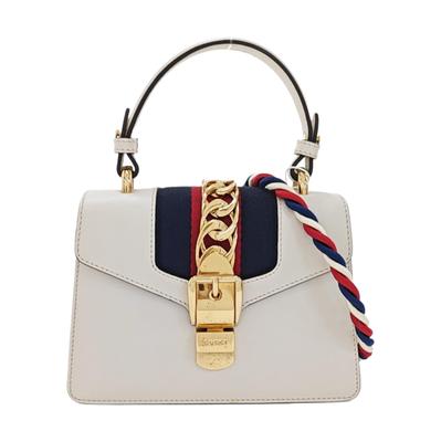 [Pre-Owned] Sylvie Gold Buckle Striped Web Leather Mini Tote Shoulder Crossbody Bag - Very Good #1TKF1TV
