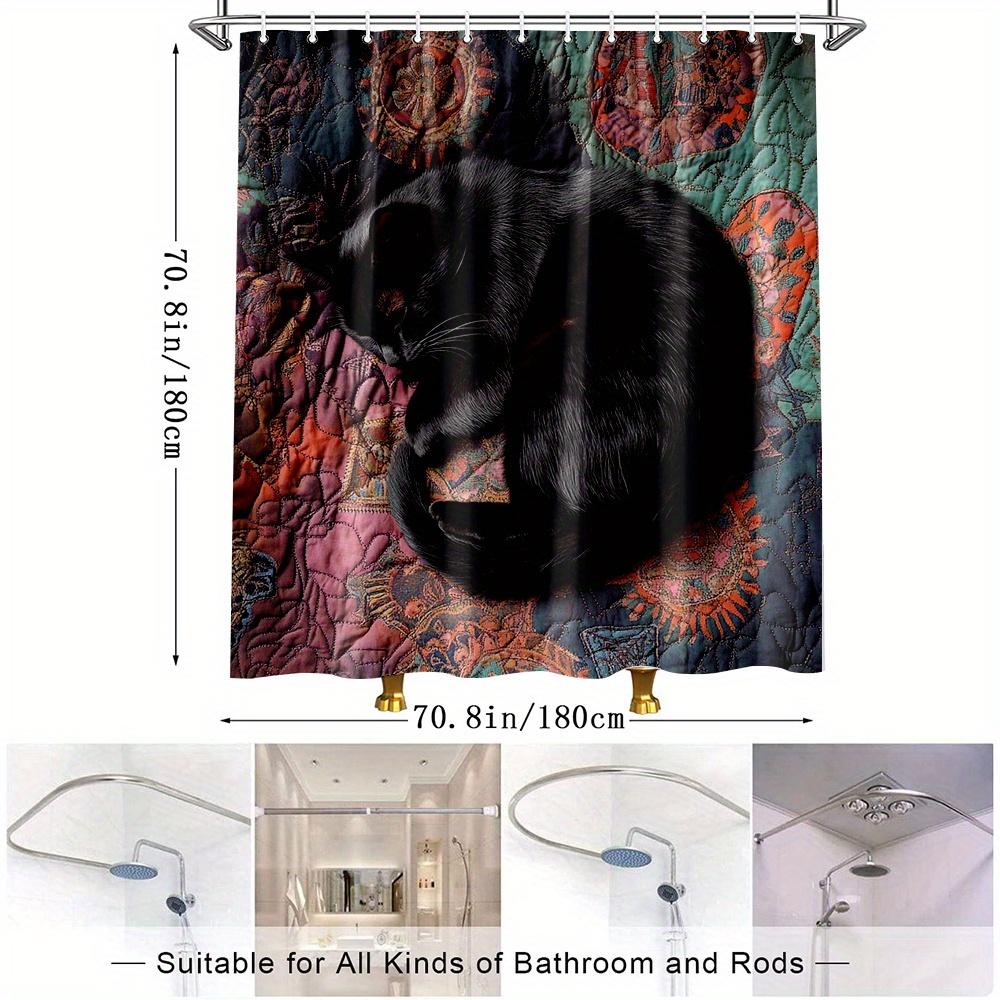 1pc Cute Black Cat & Vibrant Floral Shower Curtain - Polyester, Washable, 70. 8x70. 8 Inches with 12 Hooks, Ideal for Bathroom
