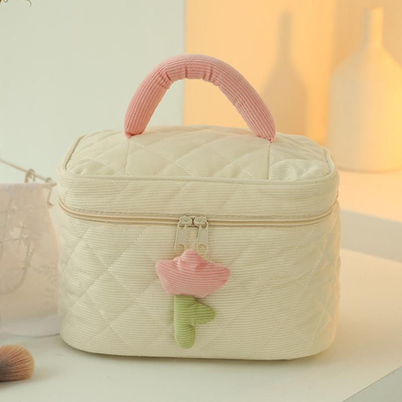 *Cute Corduroy Makeup Storage Bag Portable Travel Cosmetic Tulip Pouch Toiletry Organizer Large Capacity Flower Pattern Bags
