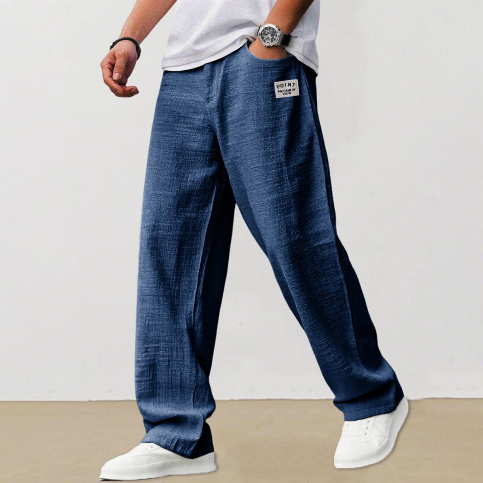 Xingben Seven Heren Casual Losse Linnen Broek Lichtgewicht Ademend Rechte Pijp Elastische Taille Trekkoord Ontwerp M Vloot