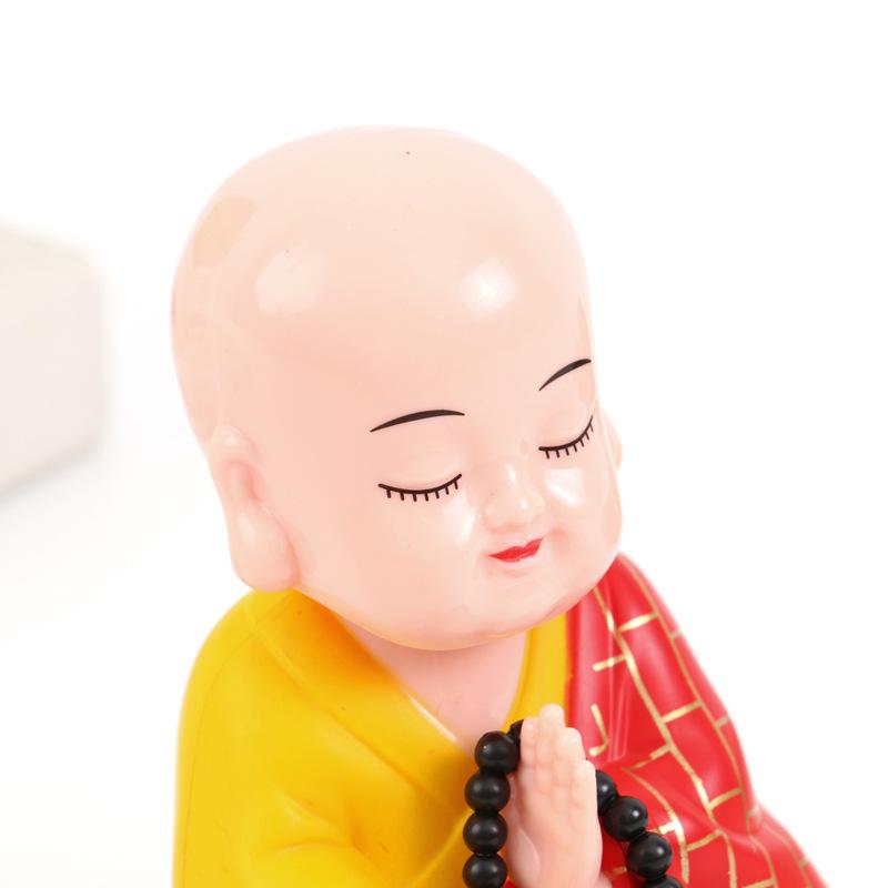 Online Solar-Powered Wooden Little Monk Car Figurine - Buddha Decoration